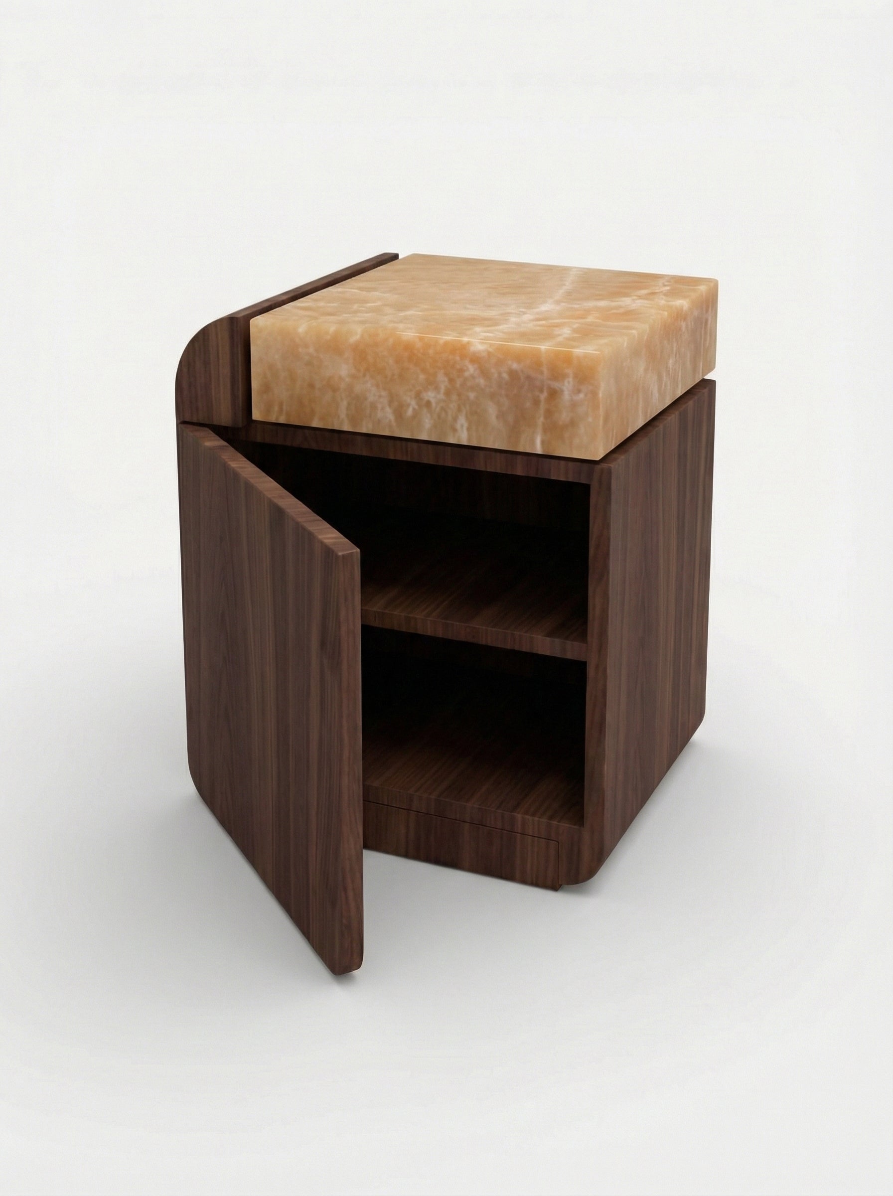 Amo walnut honey onyx marble storage table front view - premium Italian luxury furniture MARBERA