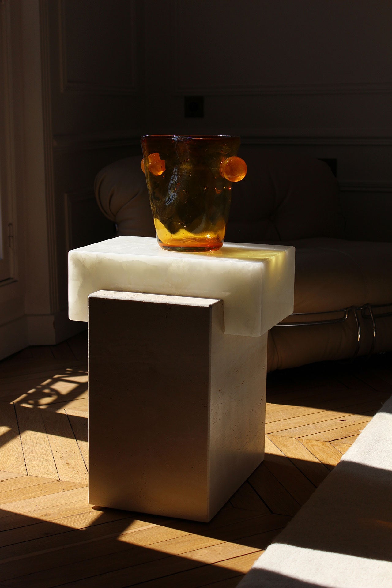 Gaia White Onyx and Travertine Table