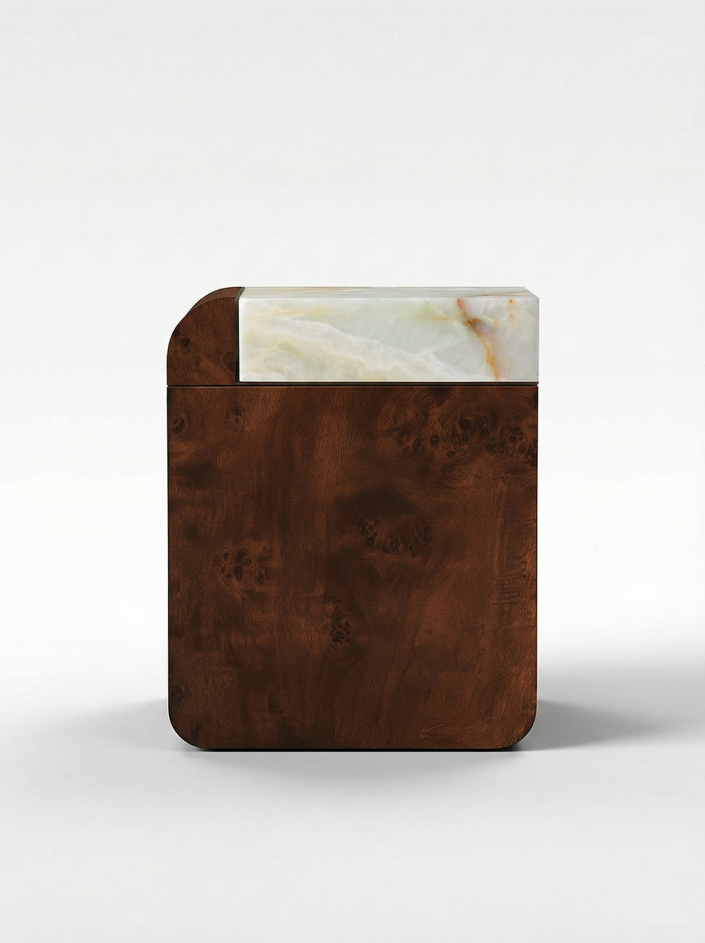 Amo burl wood storage table with green onyx marble accent - contemporary Italian luxury furniture