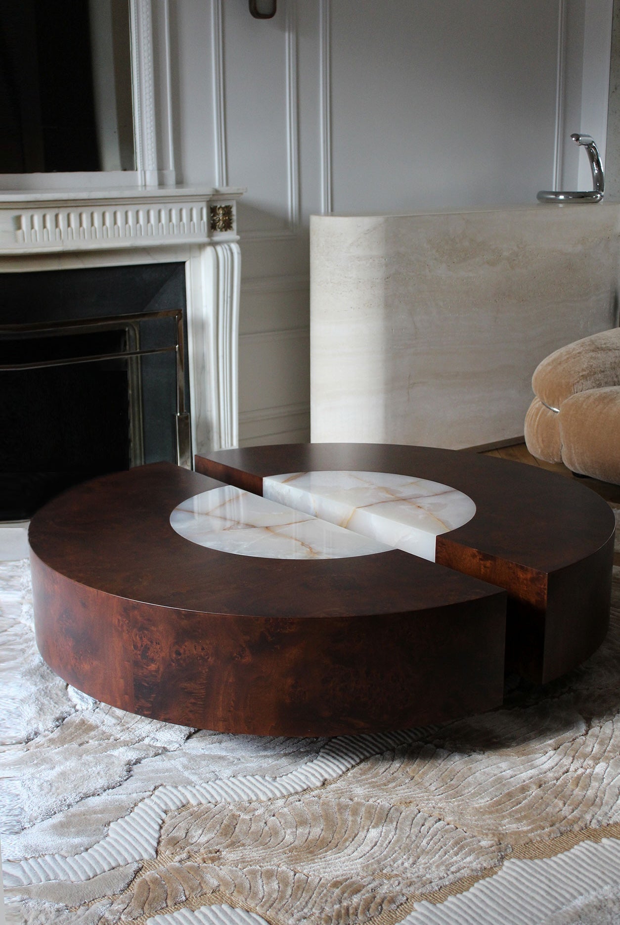 Baci Round Wood and Shell Onyx Table