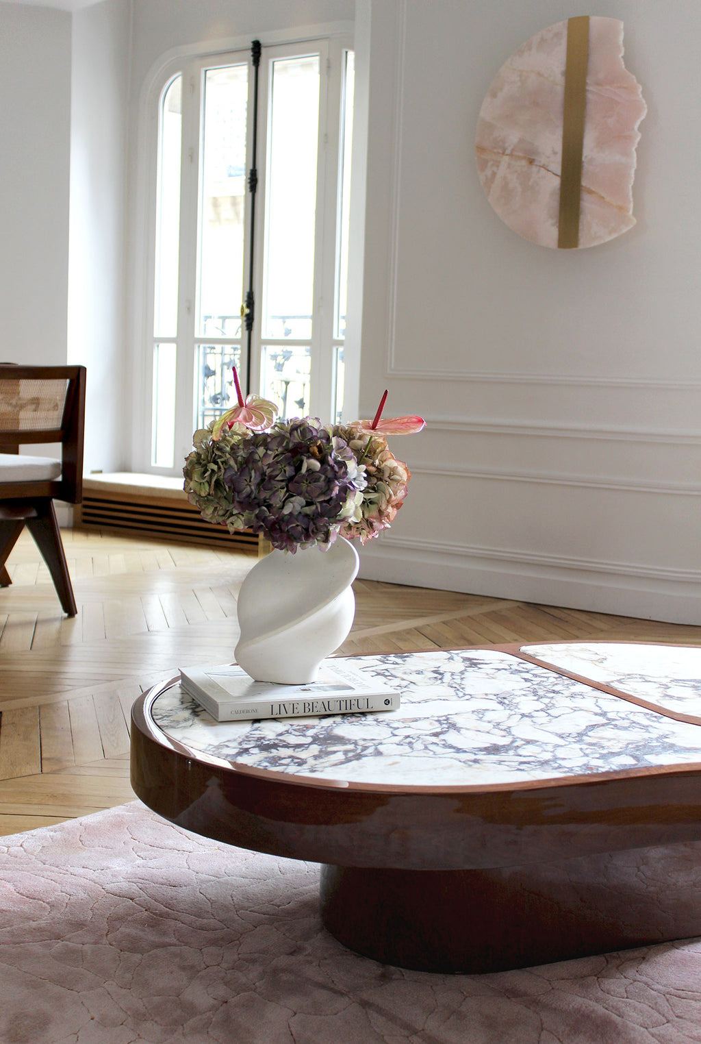 Cohesion Coffee Table Wood and Calacatta Viola Marble