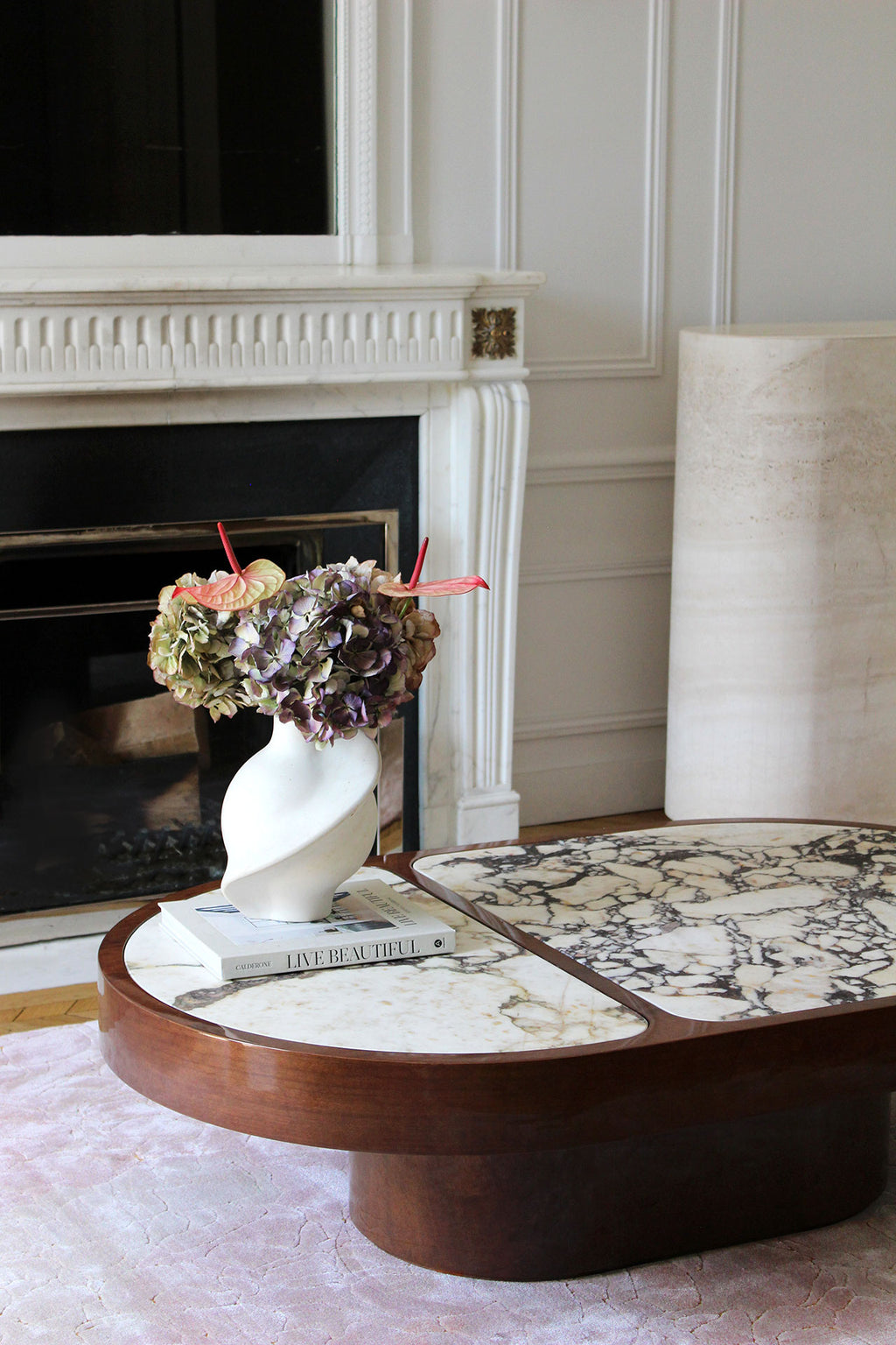Cohesion Coffee Table Wood and Calacatta Viola Marble