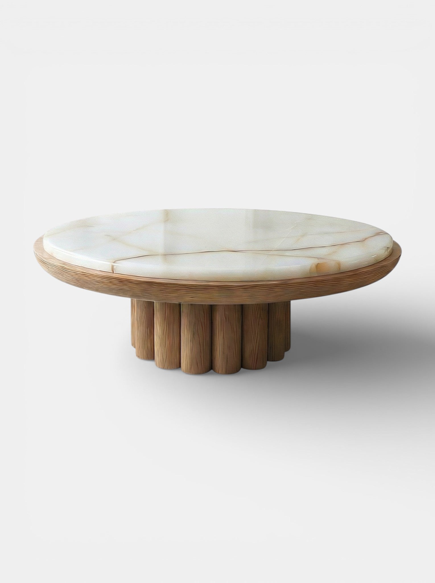 Edoni oak and shell onyx coffee table with natural wood base and cream-toned marble surface