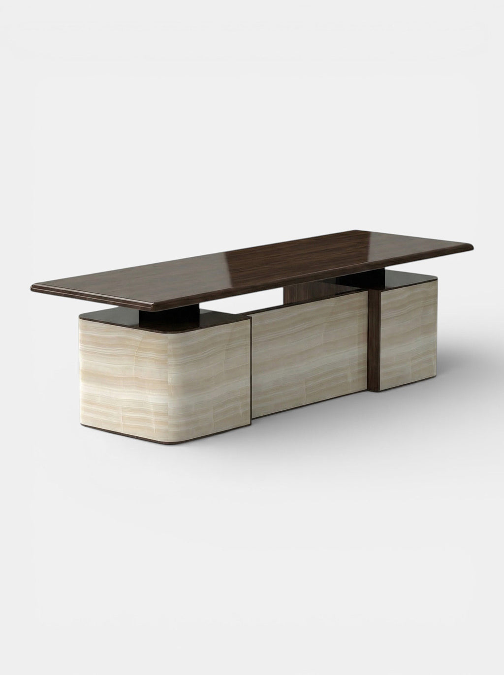 Holly ivory onyx and wood desk front view - contemporary Italian marble wood executive desk