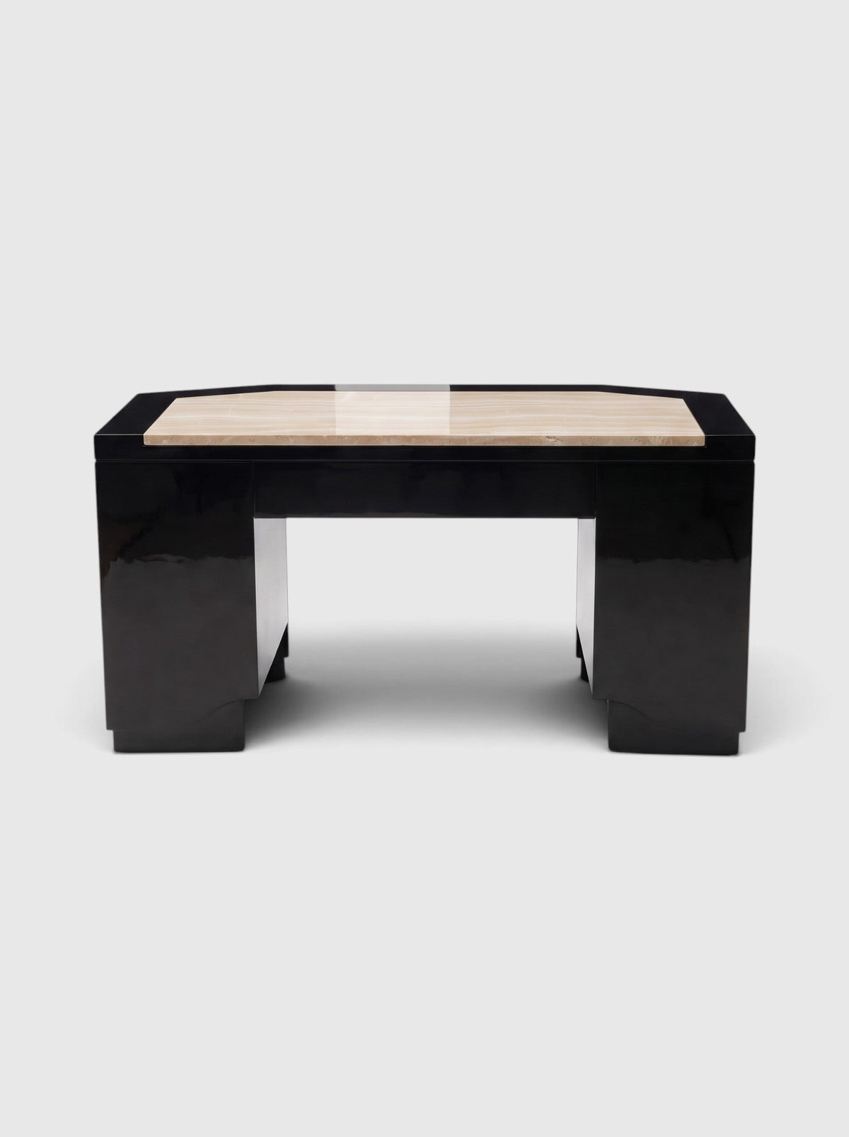 James desk in black lacquered wood with ivory onyx inlay top, three-quarter view - Marbera