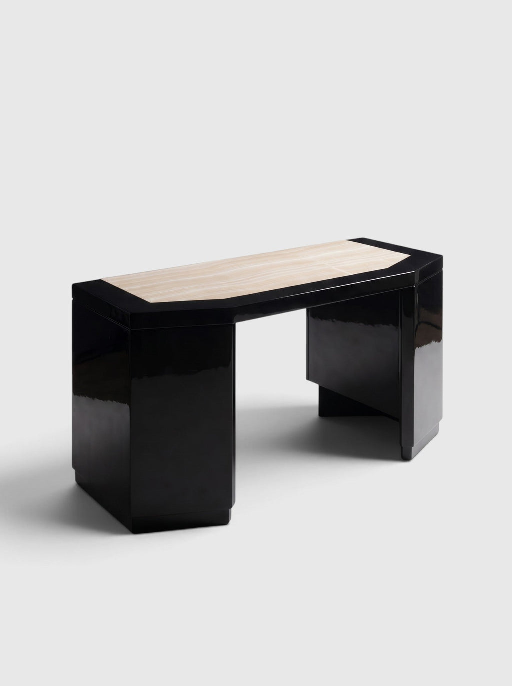James desk in black lacquered wood with ivory onyx inlay top, front view - Marbera