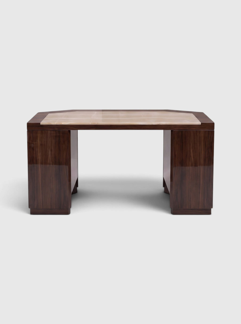 James desk in glossy wood with ivory onyx inlay top, three-quarter view - Marbera