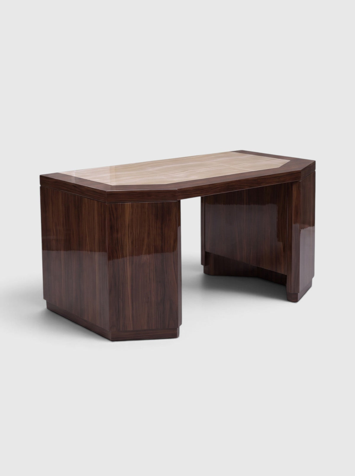 James desk in glossy wood with ivory onyx inlay top, front view - Marbera