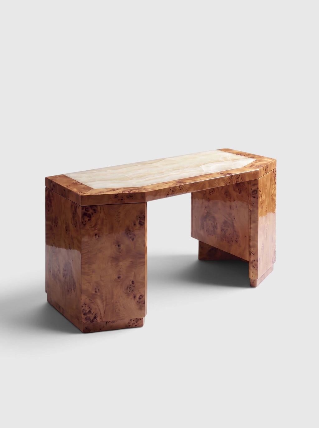 James desk in honey burl wood with ivory onyx inlay top, three-quarter view - Marbera