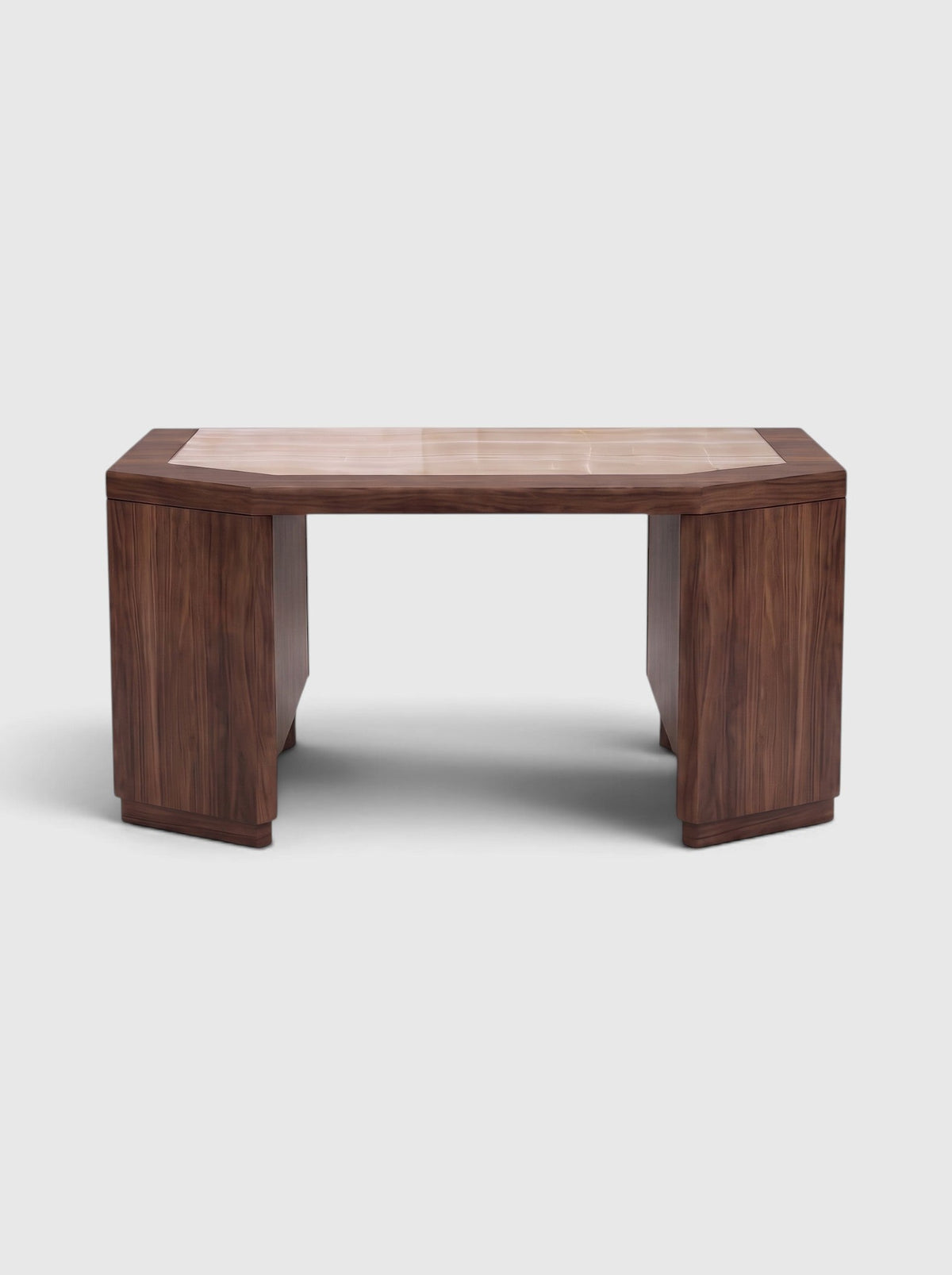 James desk in matte wood with ivory onyx inlay top, front view - Marbera