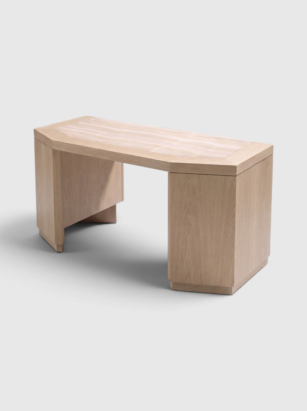 James desk in oak with ivory onyx inlay top, three-quarter view - Marbera