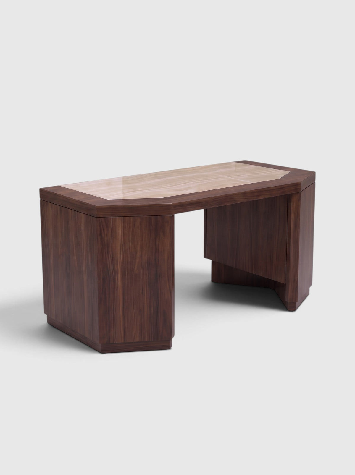 James desk in matte wood with ivory onyx inlay top, three-quarter view - Marbera