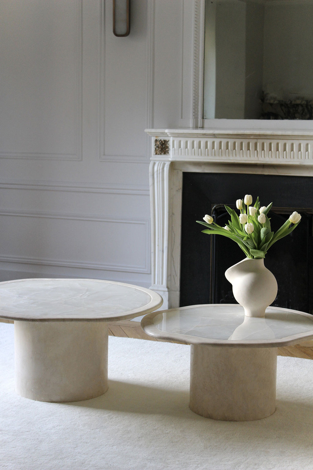 Joan Solo white onyx table with natural travertine base - elegant Italian marble furniture design
