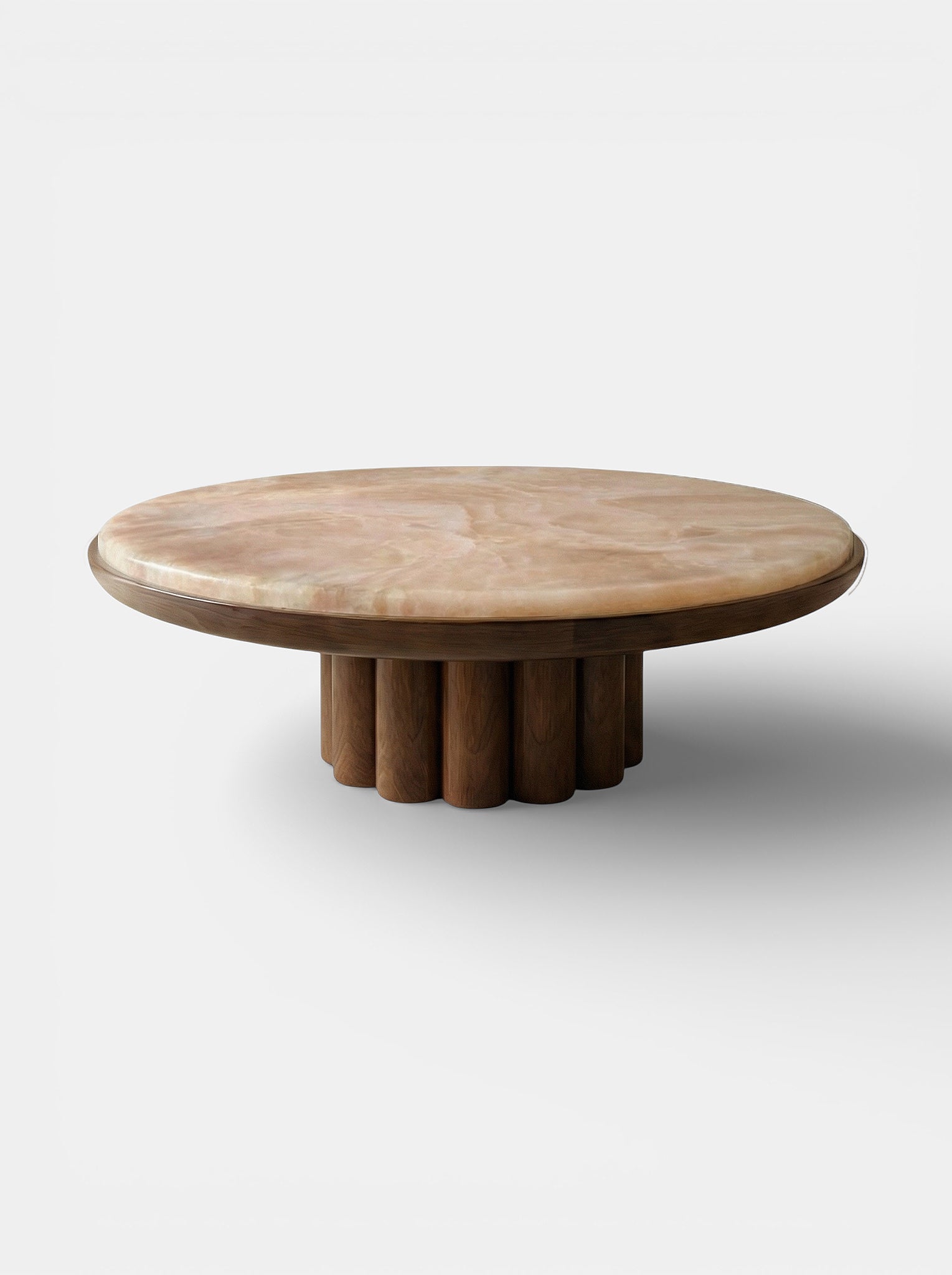 Edoni 3/4 right view, wood base with honey onyx marble top, Italian luxury coffee table furniture