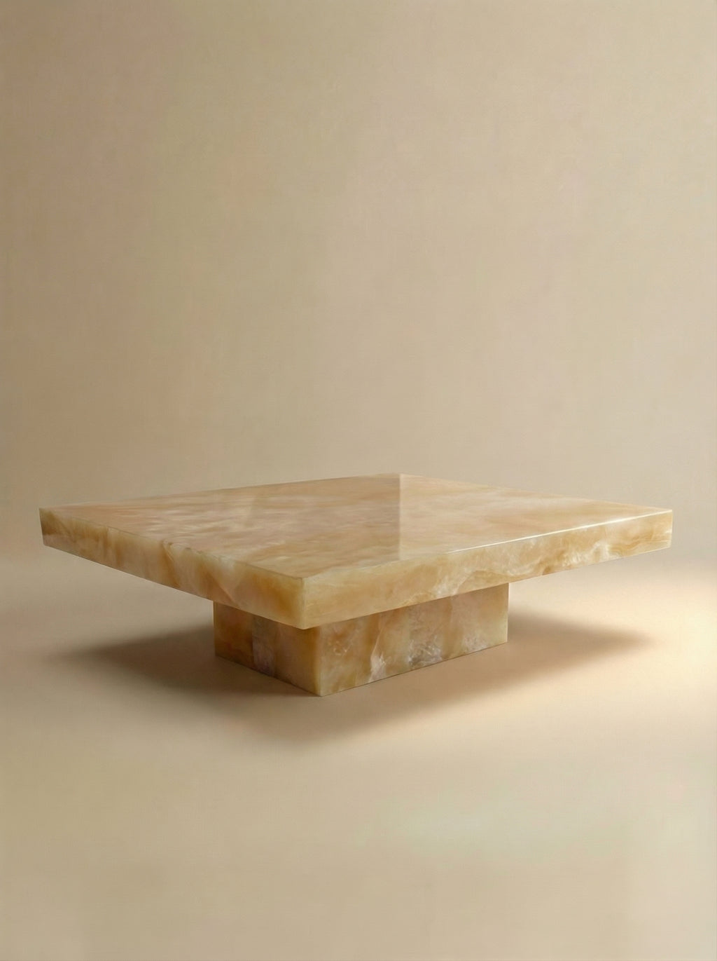 Cara honey onyx coffee table left angle - Italian luxury golden stone furniture elegant design