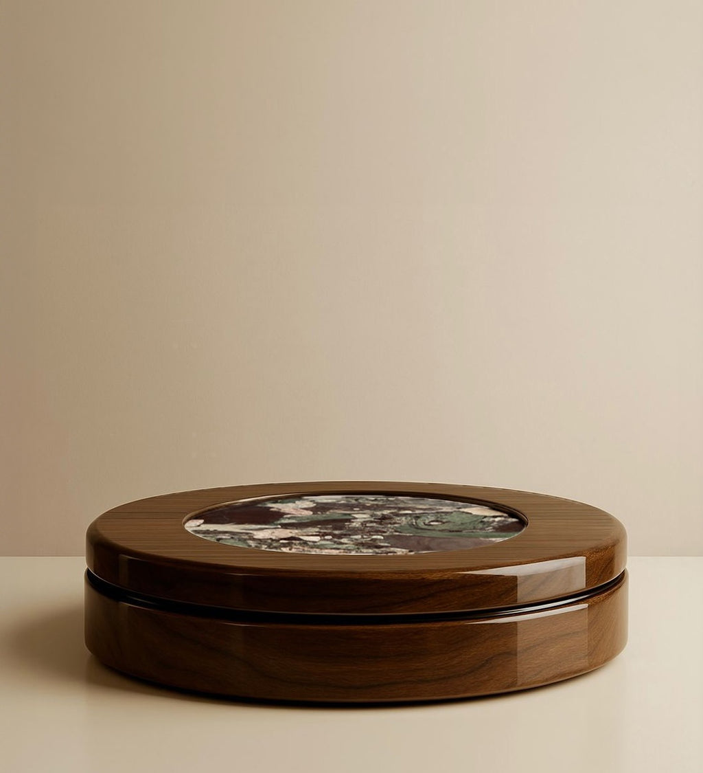 Contemporary table featuring dramatic Quatre Saisons marble with natural wood - handcrafted