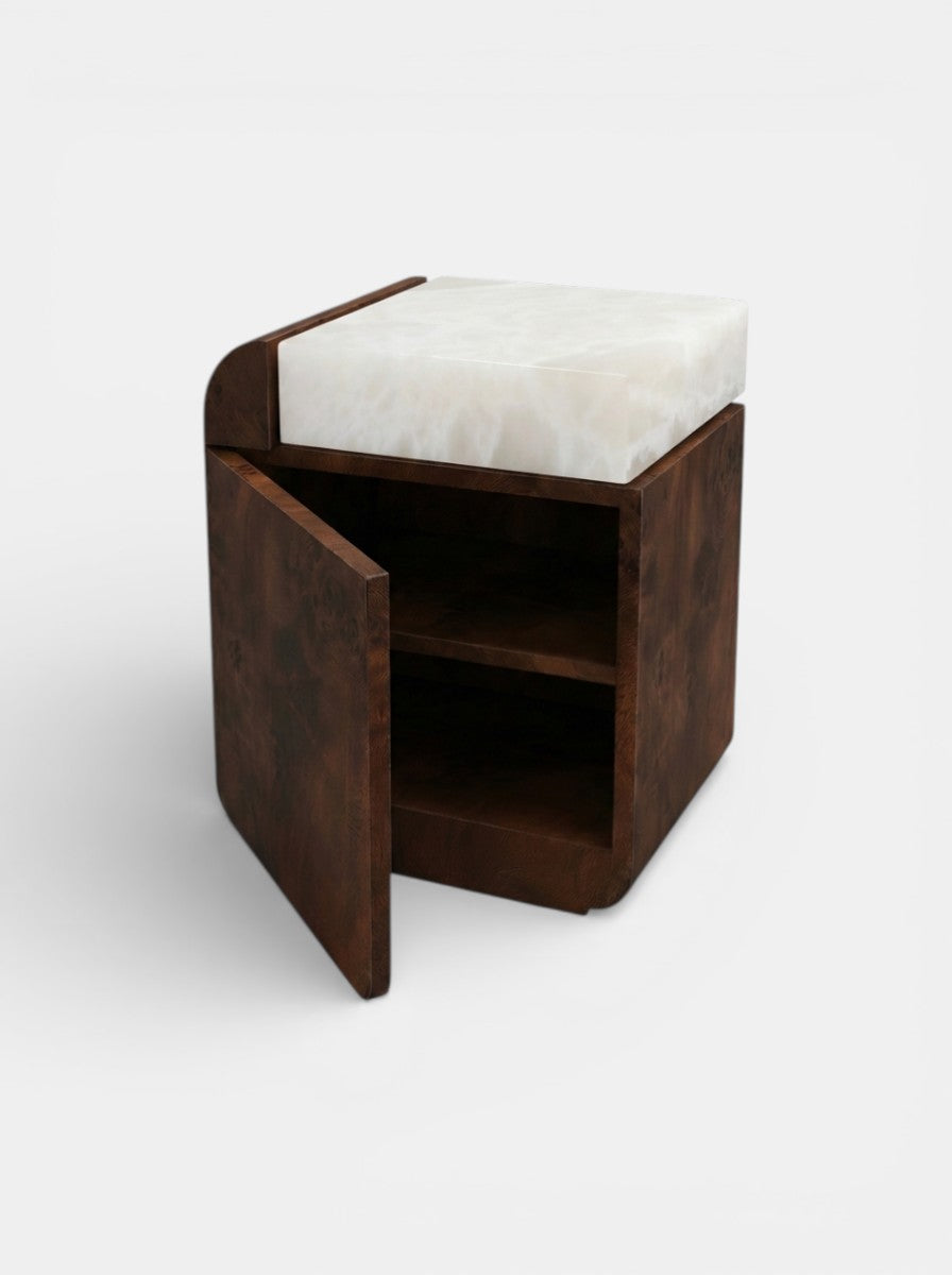 Three-quarter left view of dark radica burl wood table with white onyx - Italian luxury furniture