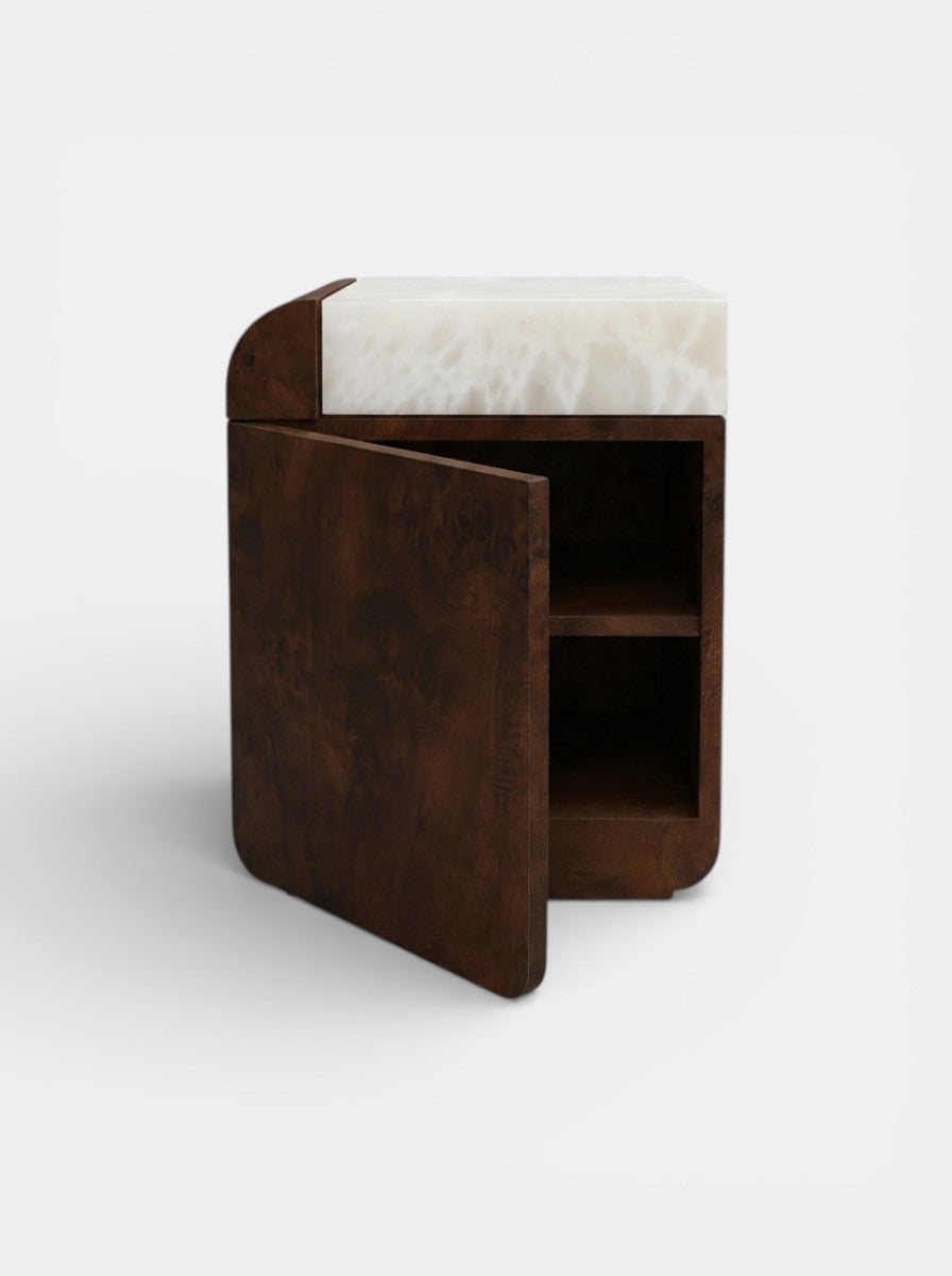 Front view of Amo dark radica burl wood storage table with white onyx marble - MARBERA Italian