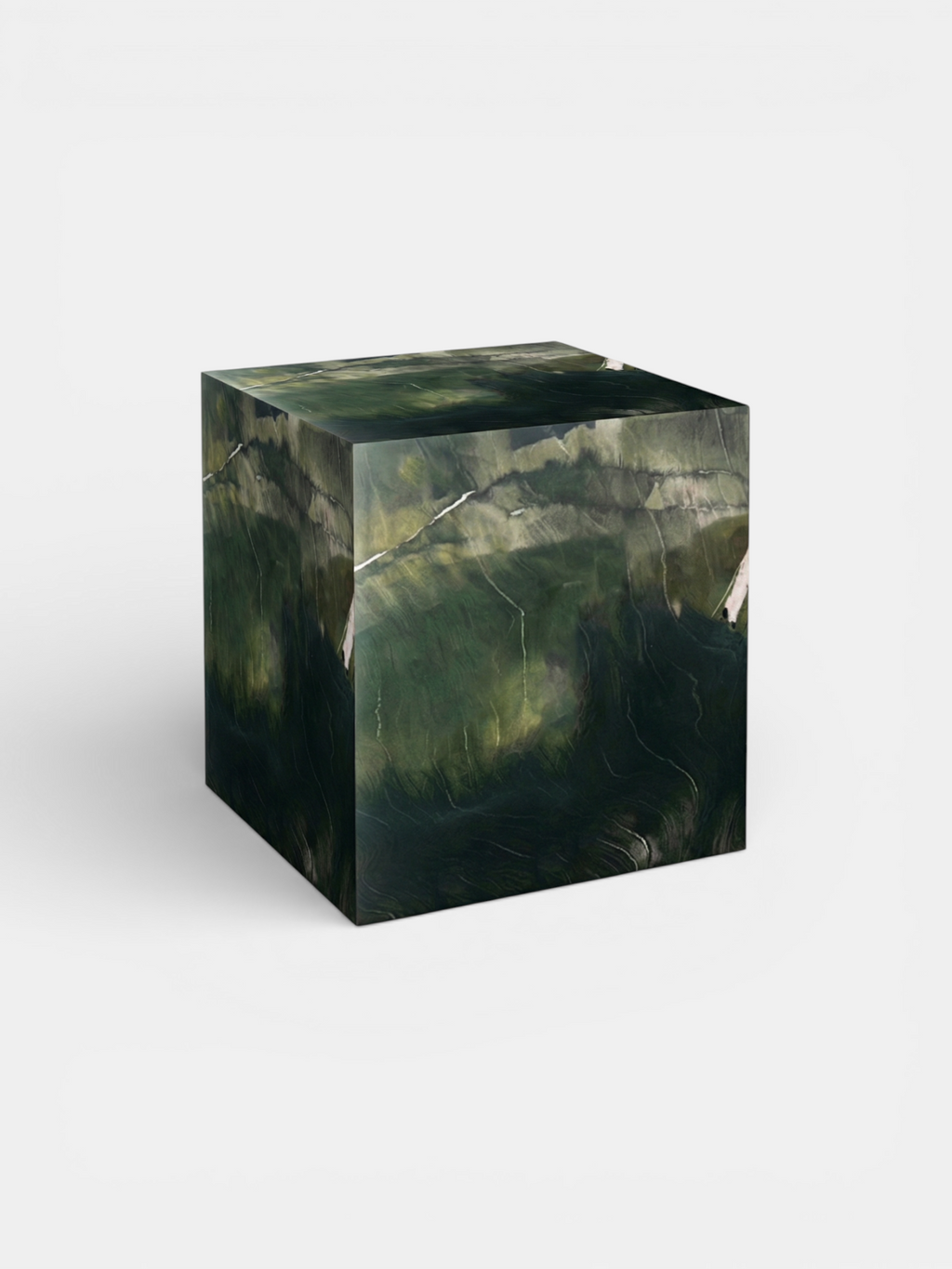 Luxury Avocado marble cube left view - contemporary Italian stone furniture with organic green tones