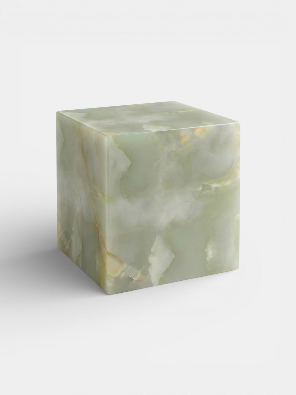 Green onyx cube left side view showcasing translucent stone patterns - premium Italian marble furniture