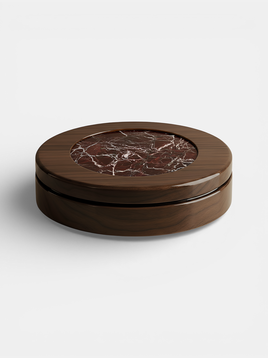 Alternative view of wooden base with rich red Rosso Levanto marble top - MARBERA craftsmanship