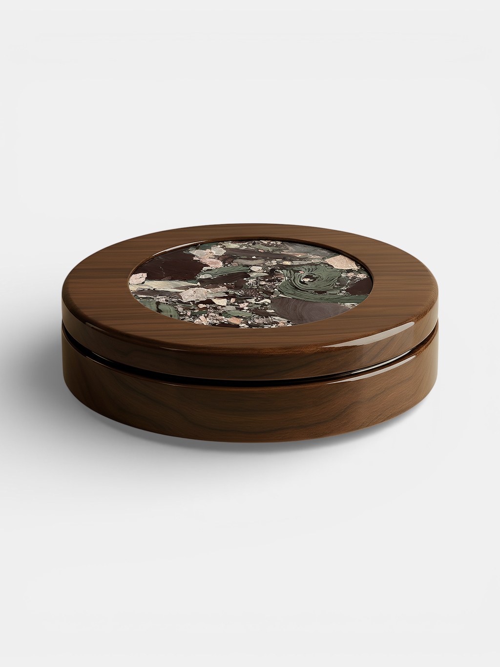 Alternative view of wooden base table with vibrant Quatre Saisons marble top - MARBERA design