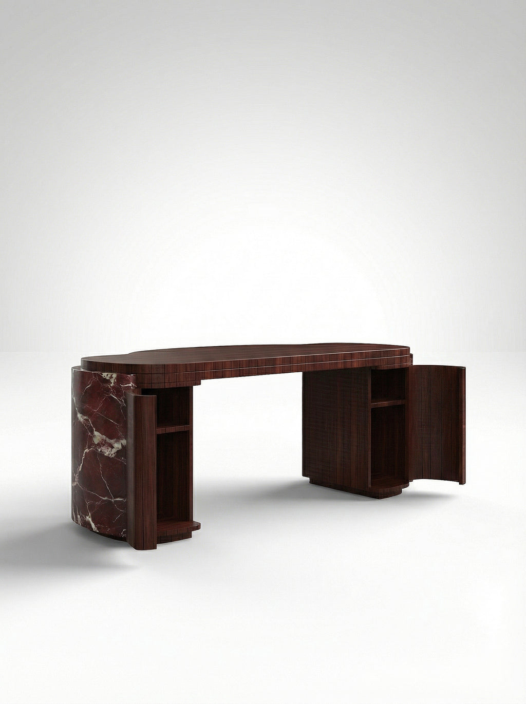 MARBERA Moka Rosso Levanto and wood luxury desk - Italian marble office furniture front angle