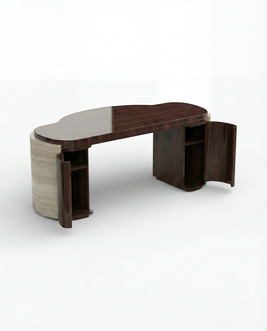 MARBERA Moka ivory onyx and wood desk - front view Italian luxury marble office workspace