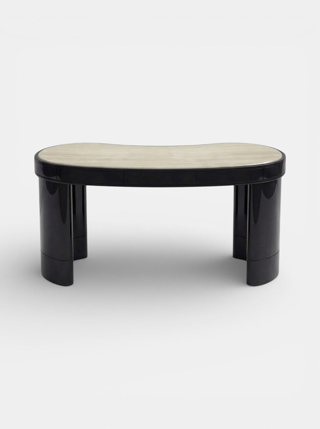 Luxury Nicola desk crafted in black and ivory onyx marble - detailed close-up view of natural stone veining