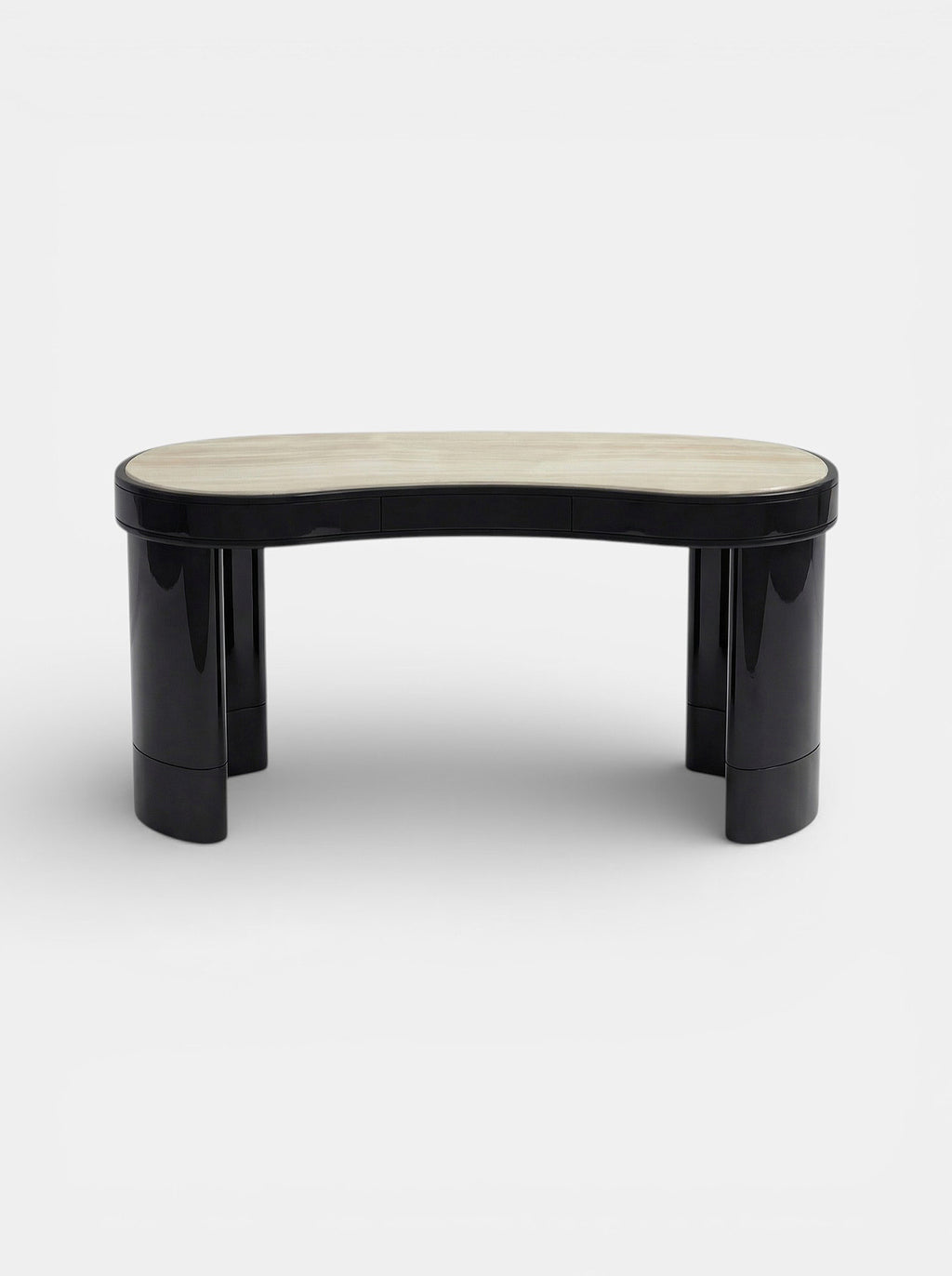 Handcrafted Nicola onyx marble desk - rear perspective view of black and ivory natural stone furniture