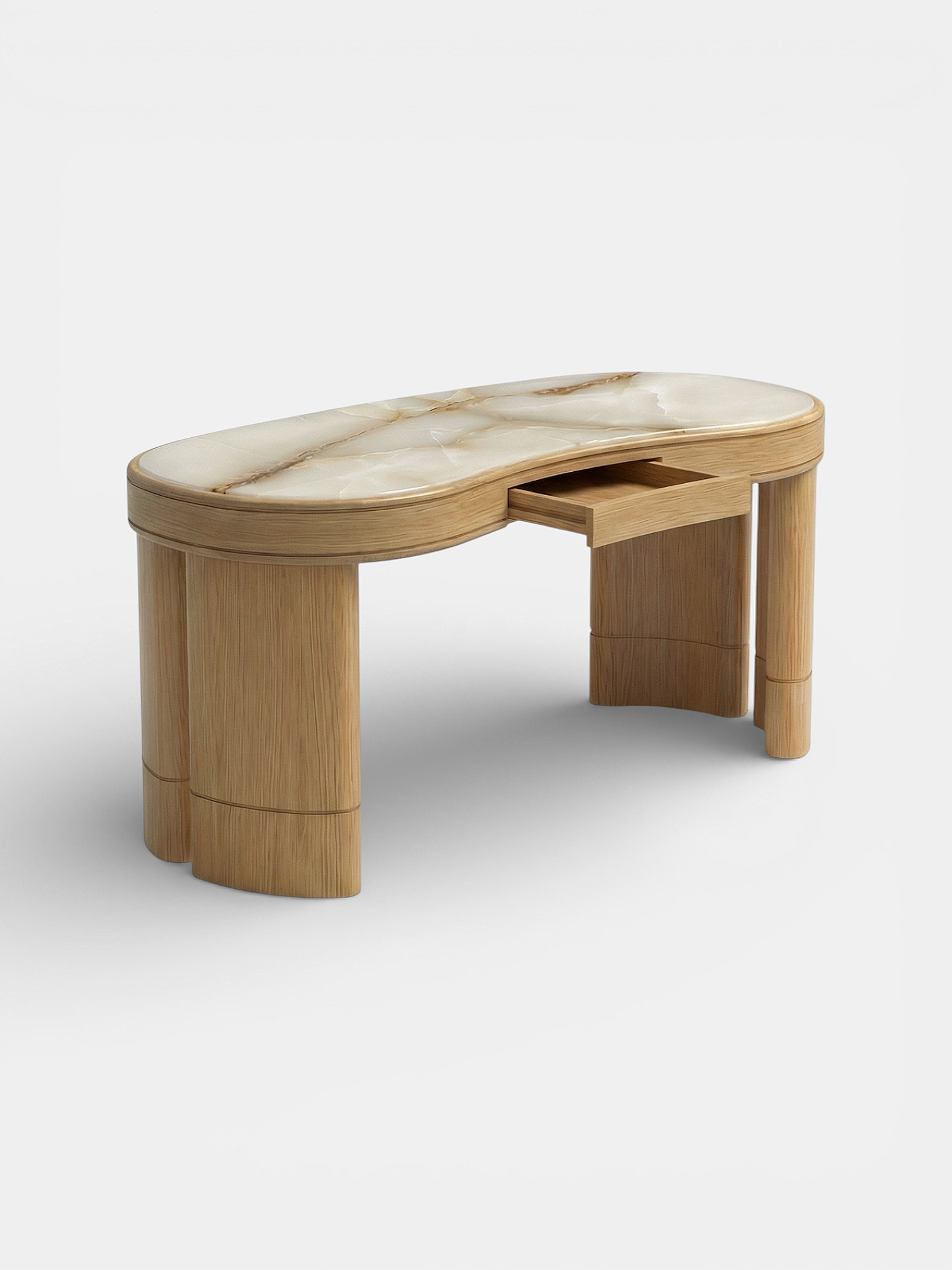 Italian Nicola desk oak wood base Shell Onyx marble - side angle highlighting material harmony