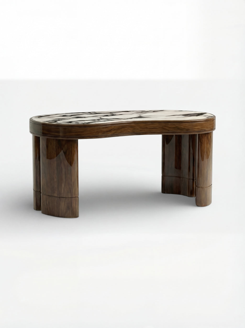 Italian Nicola workspace furniture - glossy wood and Calacatta Viola marble combination rear view