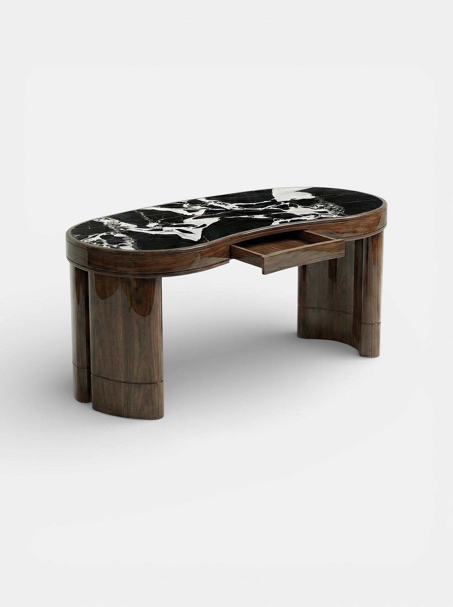 Italian Nicola desk glossy wood base Grand Antique marble - side perspective highlighting contrast