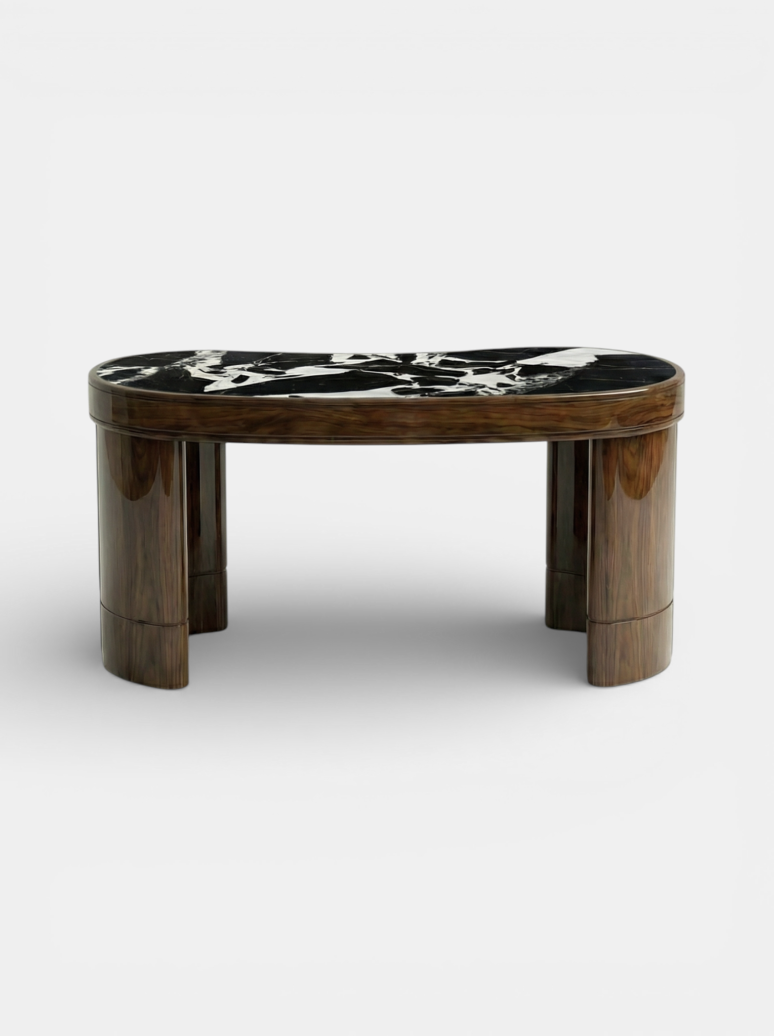 MARBERA Nicola desk in glossy wood with Grand Antique marble top - front view showing rich materials