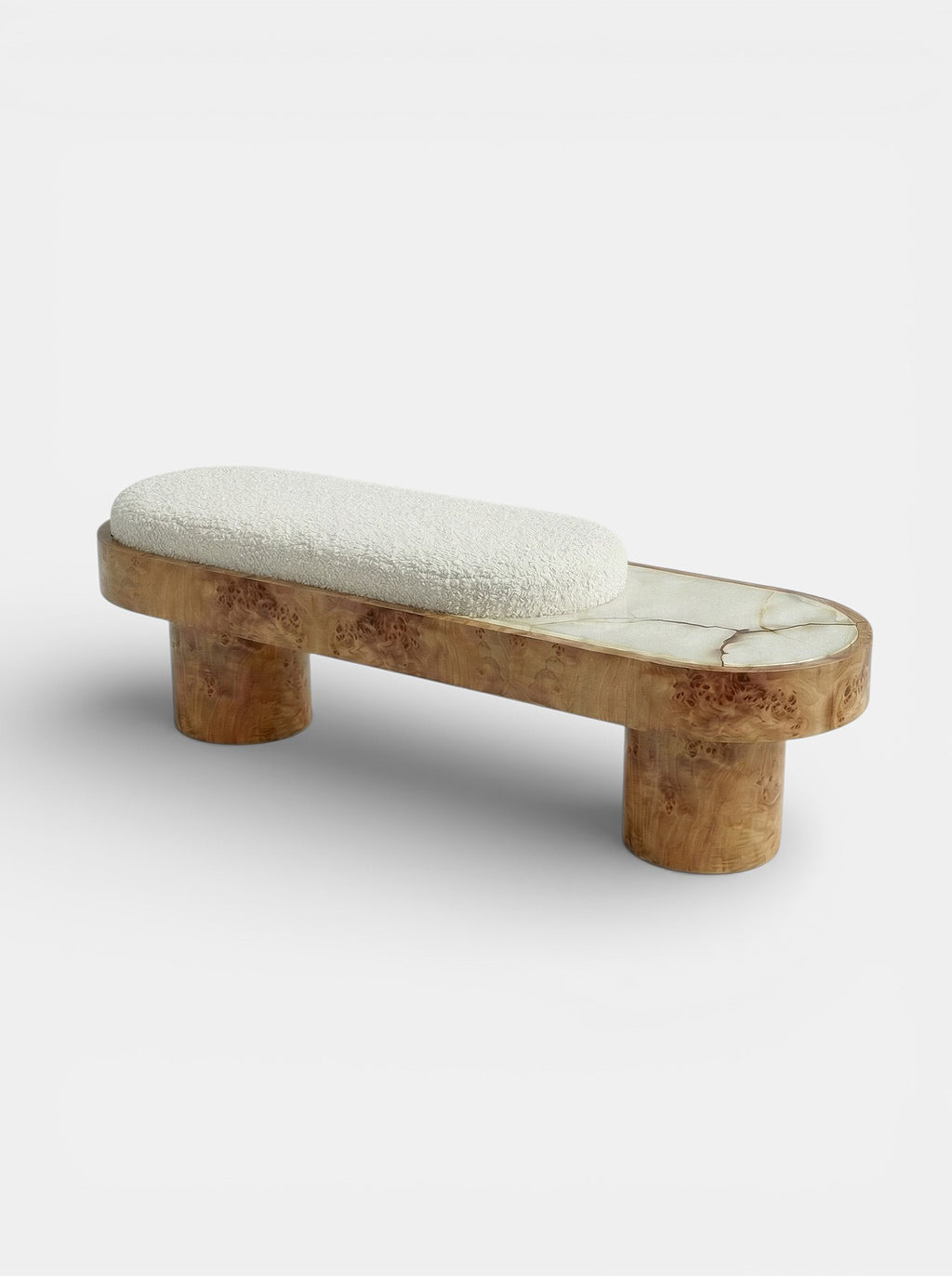 Detailed view of Noto bench featuring burl wood and shell onyx materials, Italian crafted luxury