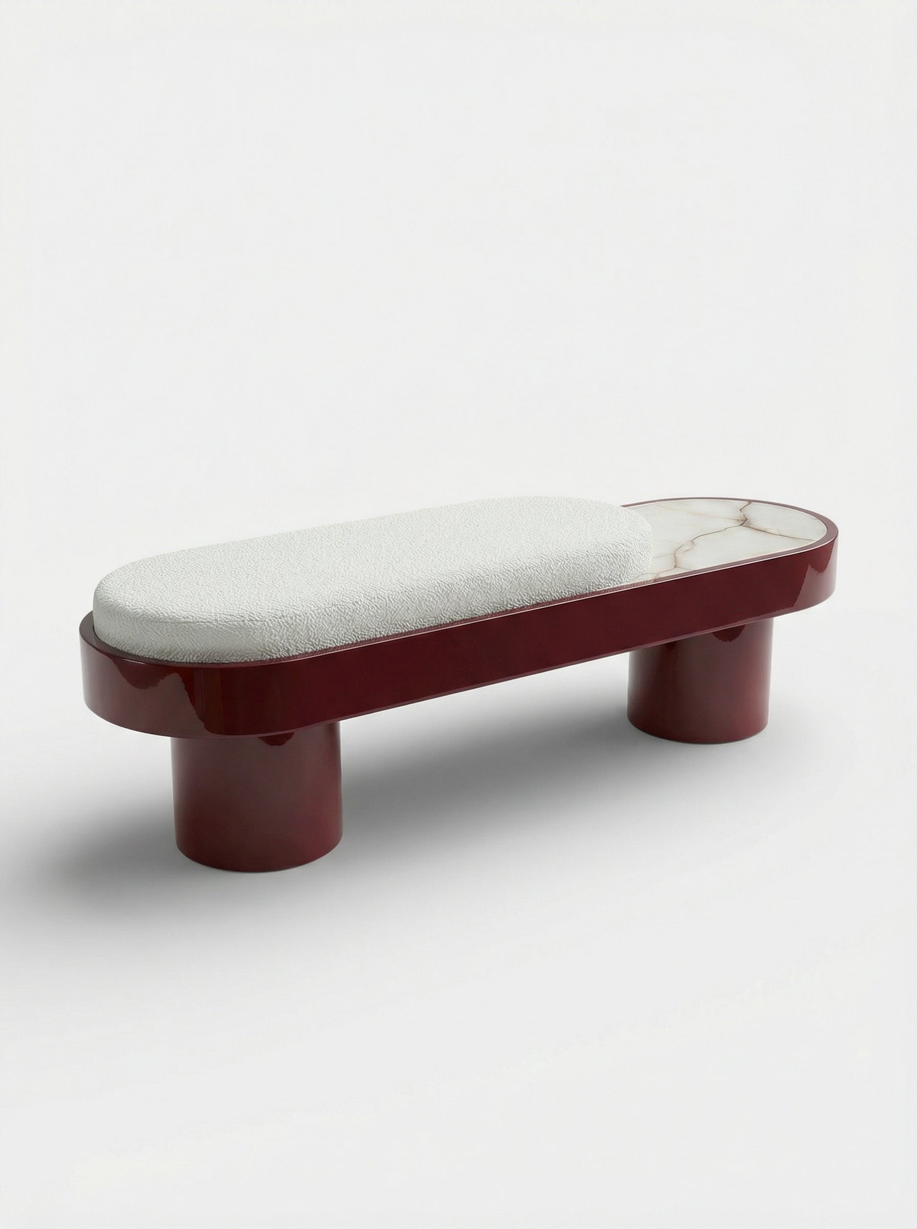 Italian Noto bench bordeaux lacquer Shell Onyx - left three-quarter view rich burgundy finish