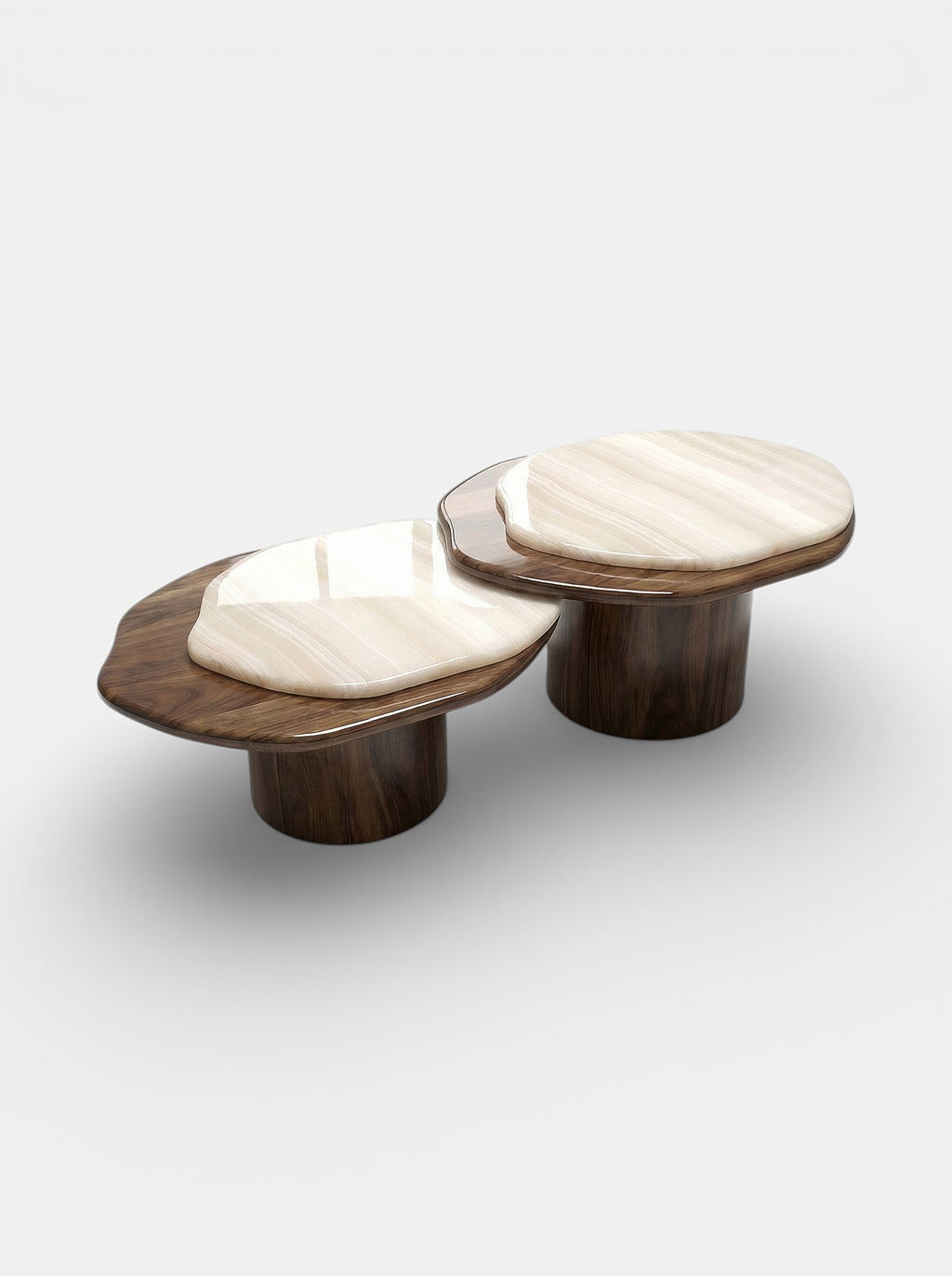 Left 3/4 view of Nuga Duo wood and vanilla onyx coffee table, Italian crafted luxury furniture