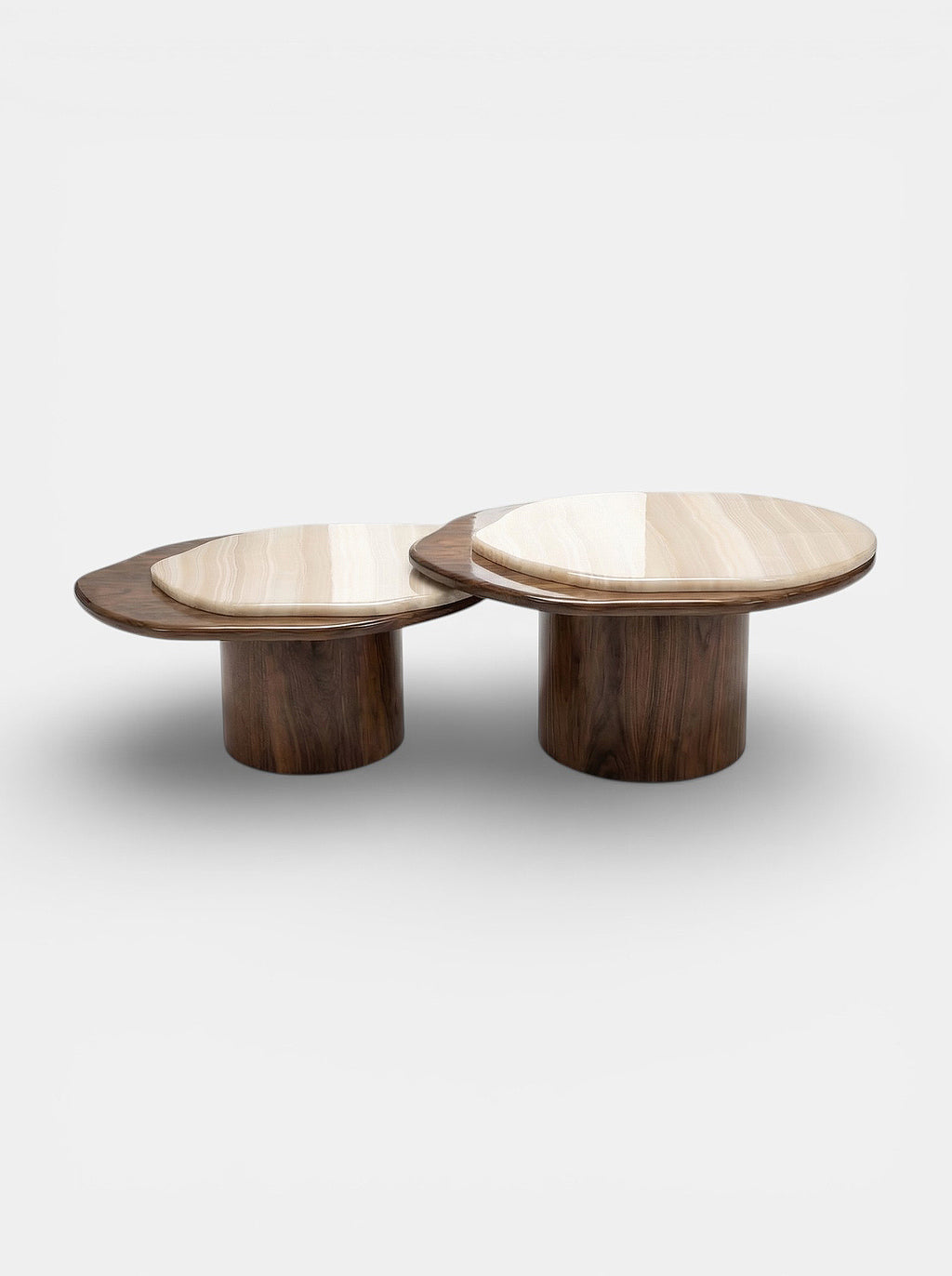 Front view of Nuga Duo coffee table with wood and vanilla onyx, Italian luxury marble furniture