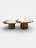 Front view of Nuga Duo coffee table with wood and vanilla onyx, Italian luxury marble furniture