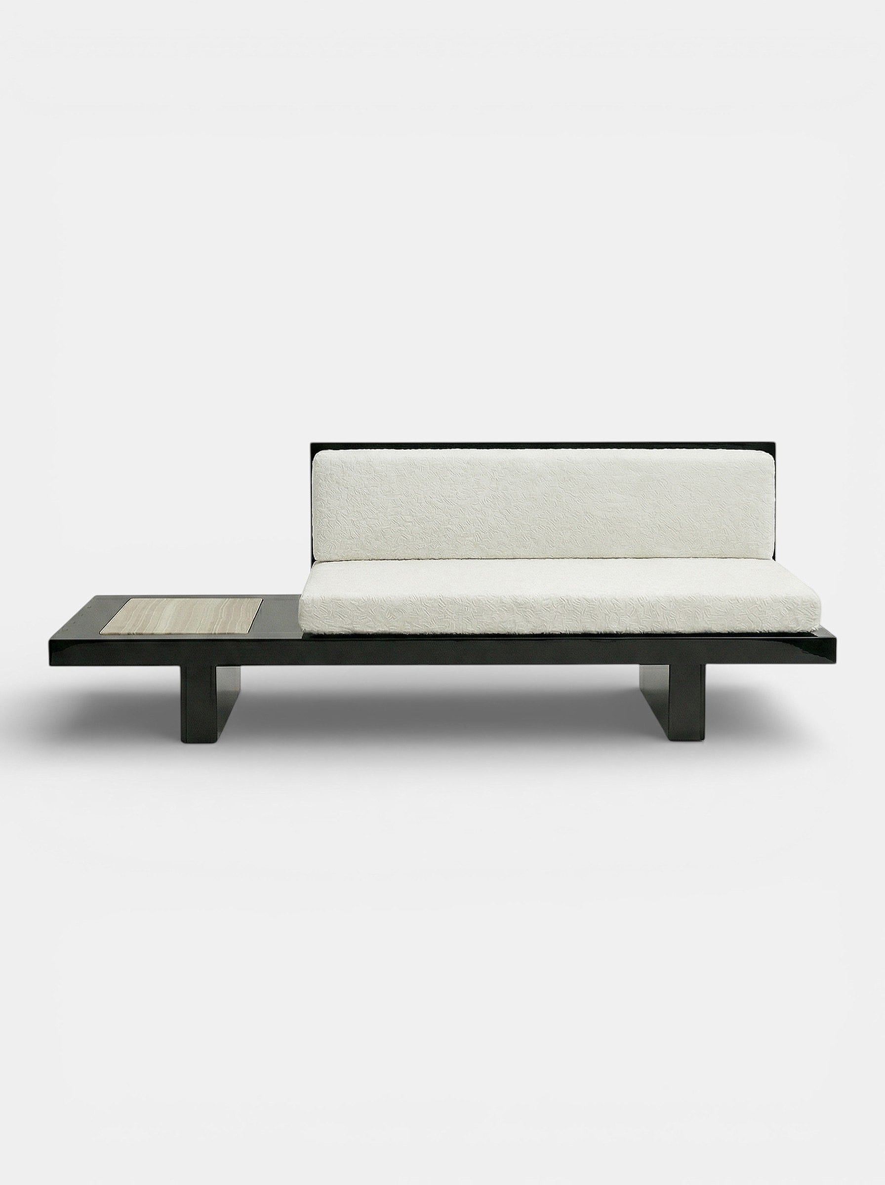 Luxury Phoebe bench in black and ivory onyx marble - modern Italian craftsmanship front perspective view