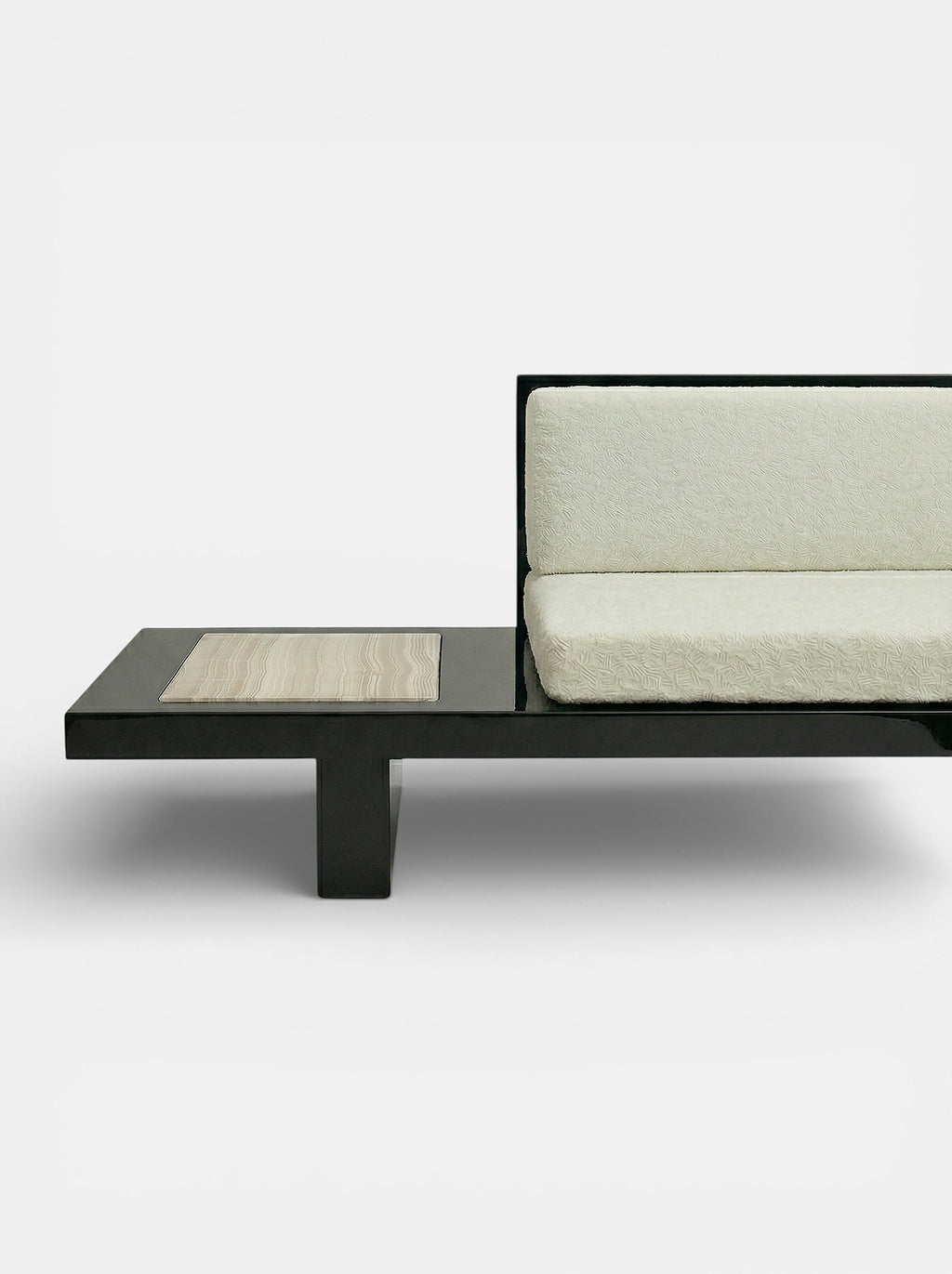 Premium black ivory onyx Phoebe bench - handcrafted Italian marble seating detail perspective