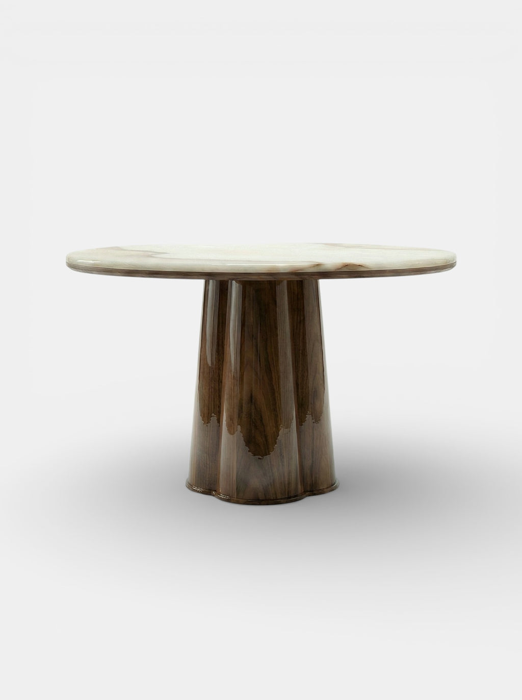 Poli glossy wood and vanilla onyx table three-quarter view - elegant Italian luxury dining furniture