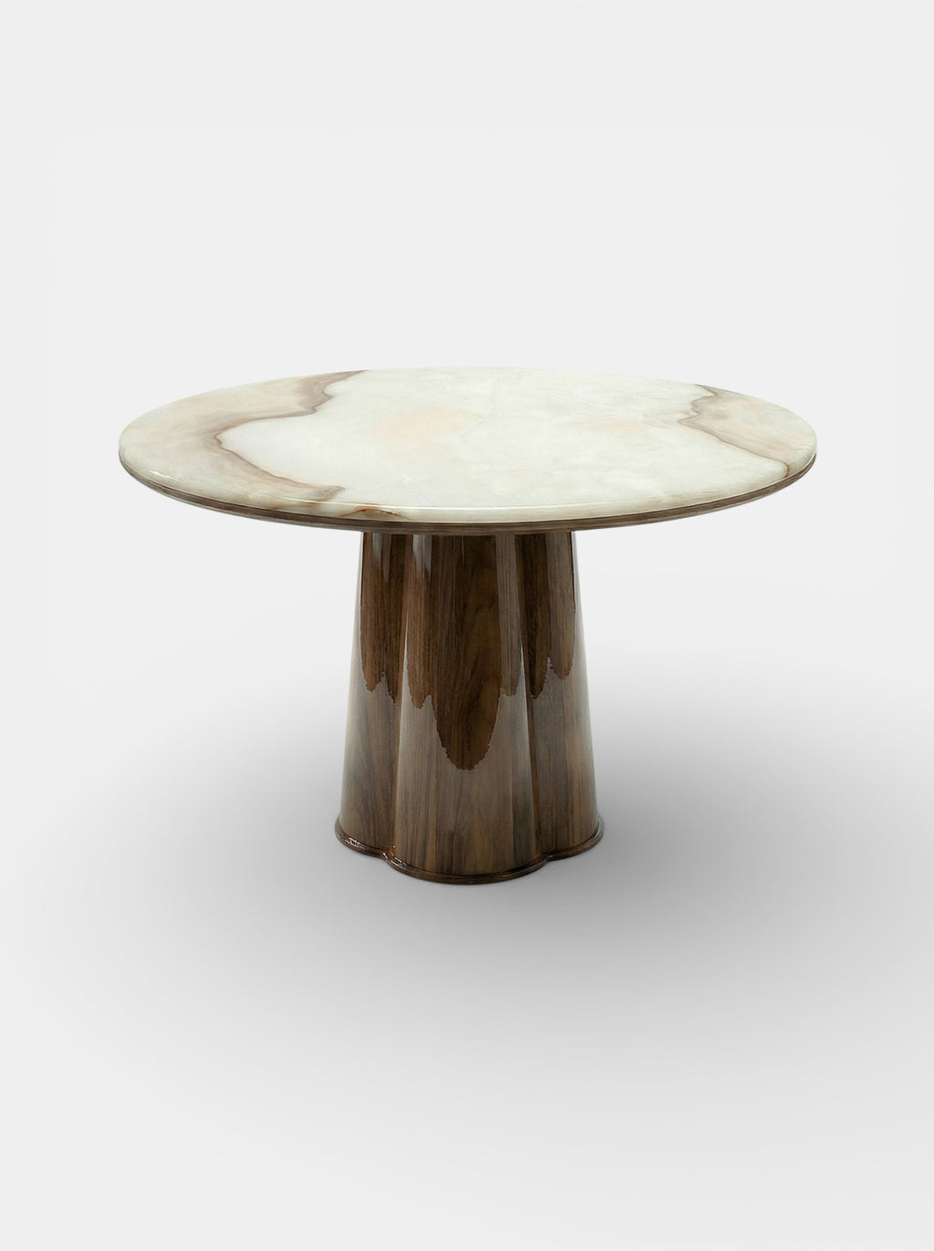 Poli glossy wood and vanilla onyx table front view - premium Italian marble dining furniture craftsmanship