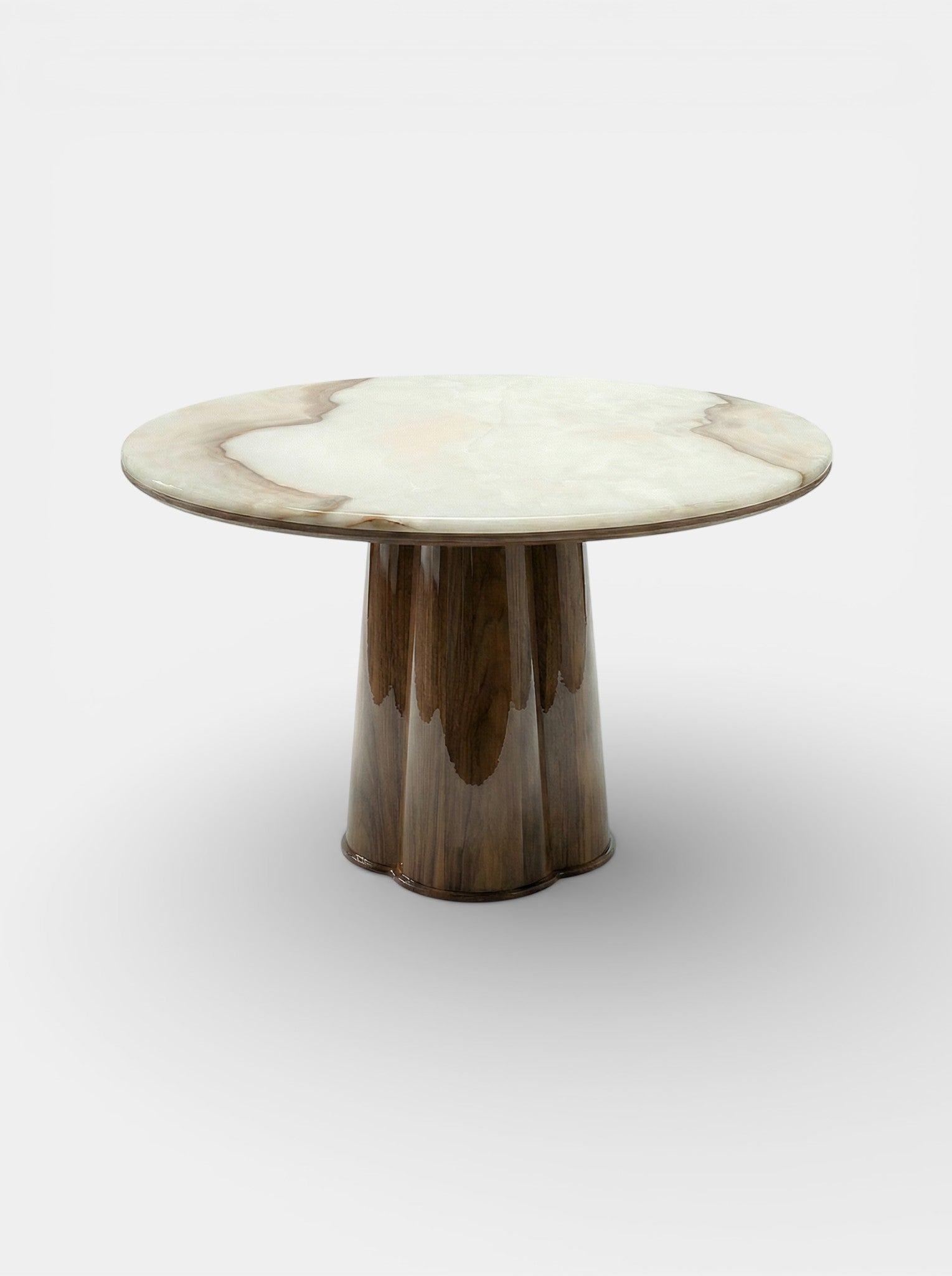 Poli glossy wood and vanilla onyx table side angle - luxury Italian dining furniture with natural marble